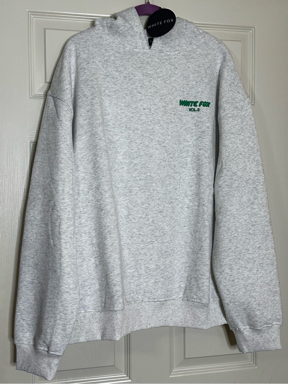 White Fox Boutique Offstage Glacier Grey Hooded Sweatshirt with Green Logo
